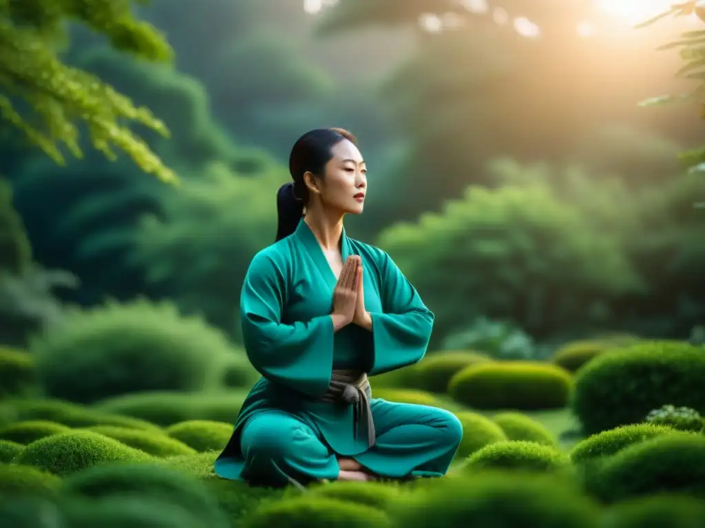 Práctica de Qi Gong al amanecer: armonía y serenidad en el jardín Ejercicios Qi Gong para relajación al amanecer en jardín tranquilo, envuelto en paz y armonía