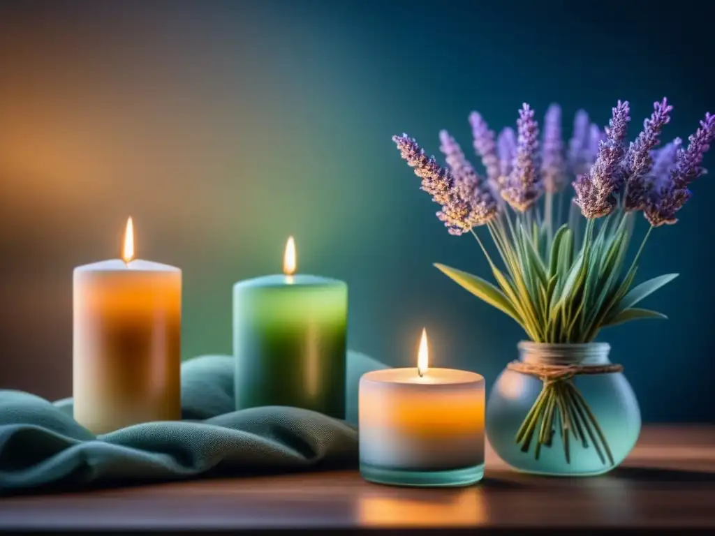 Arreglo relajante de velas aromáticas y lavanda Un elegante arreglo de velas aromáticas rodeadas de lavanda y eucalipto