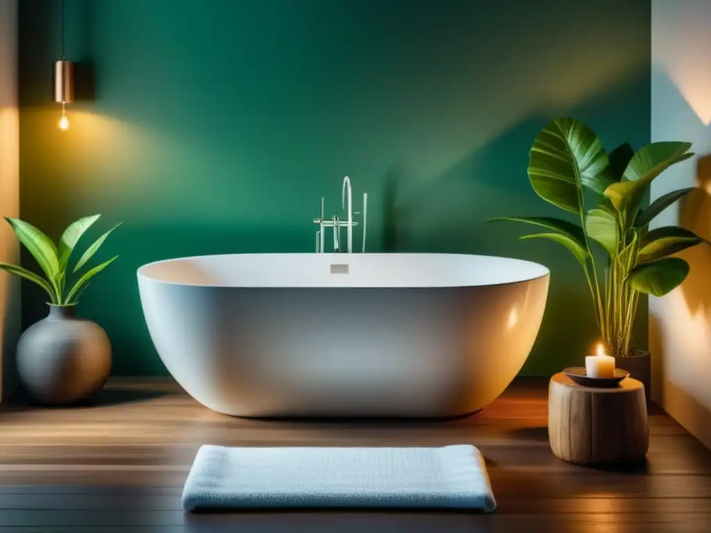 Un elegante baño de spa con bañera blanca, plantas verdes, toalla blanca y velas