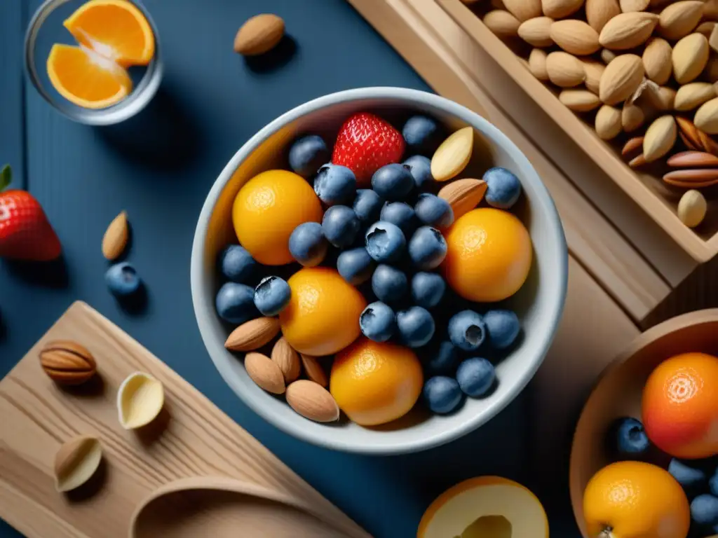 Bol de frutas y frutos secos: armonía y frescura Una elegante composición de alimentos para mantener calma y foco: frutas frescas y frutos secos en un cuenco sobre una mesa de madera clara