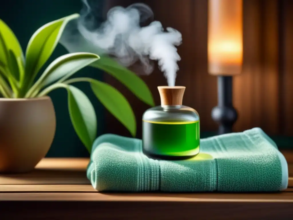Spa moderno con difusor de aromaterapia: serenidad en 8k Un elegante difusor de aromaterapia emite una suave neblina de aceites esenciales en un spa acogedor