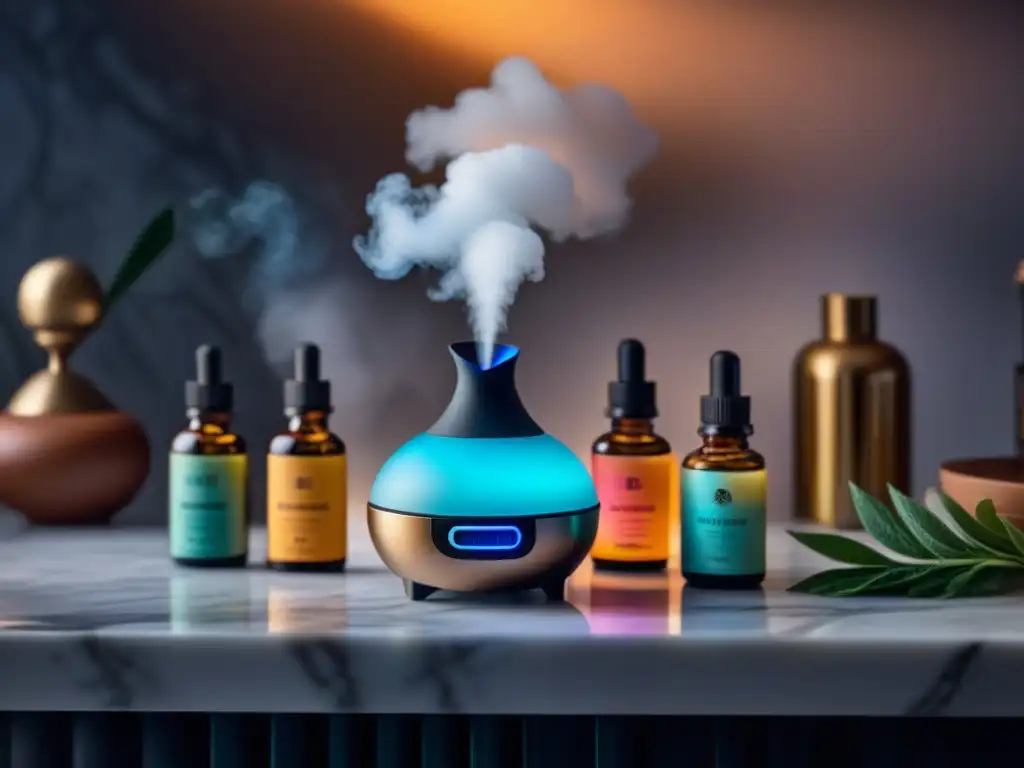 Difusor de diseño: elegancia y armonía aromática en casa Elegante difusor emitiendo suave neblina de colores, rodeado de productos de aromaterapia para relajación en lujoso ambiente tranquilo y sofisticado