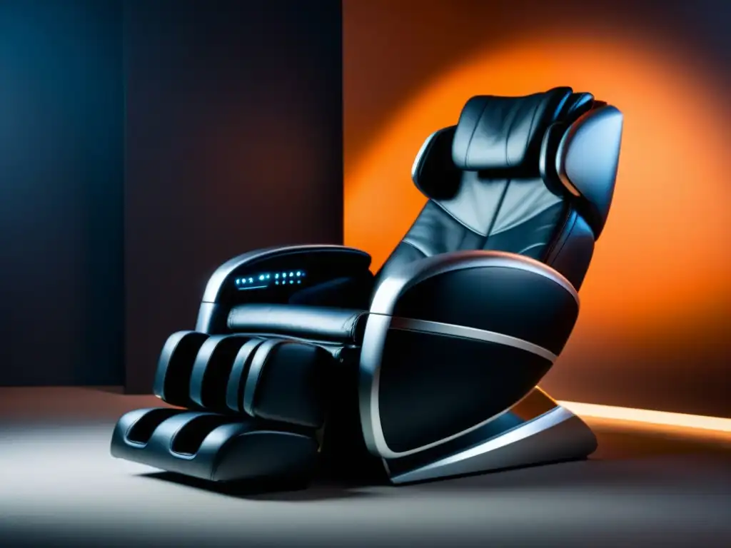 Un elegante Equipo de Masaje de Alta Gama en un moderno salón de ejercicios, rodeado de luces suaves y motivadoras citas fitness