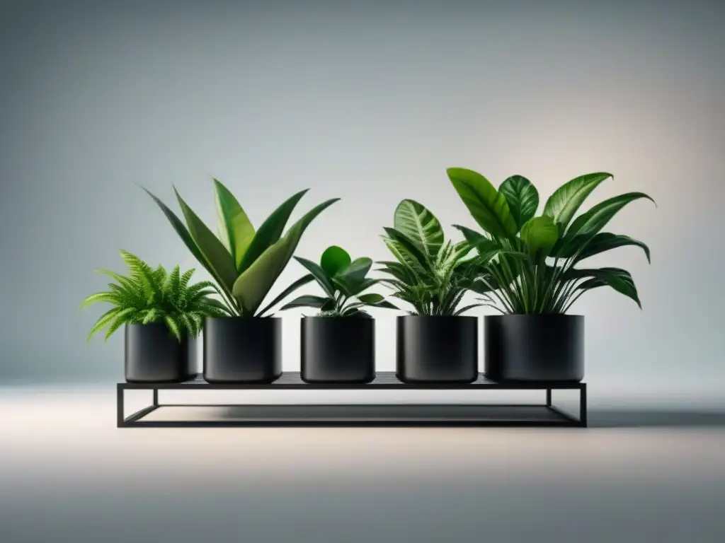 Exhibición moderna de plantas de interior en soporte metálico negro Una elegante exhibición de plantas en un soporte minimalista negro, resaltando la frescura en macetas interiores