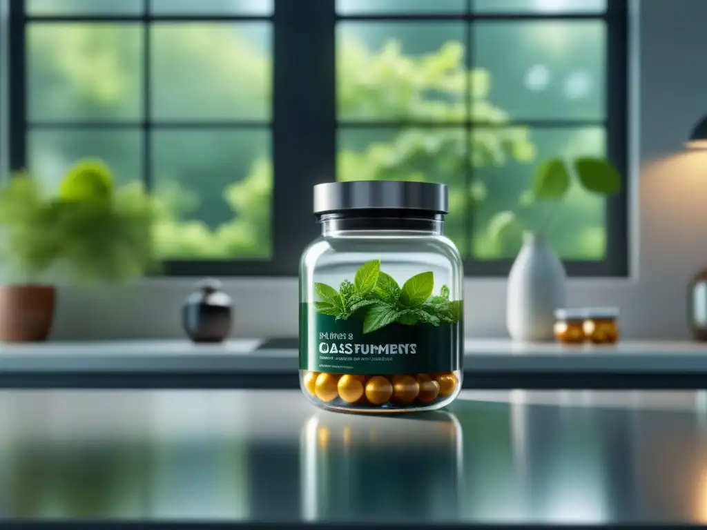 Suplementos de hierro de calidad premium en cocina moderna Un elegante frasco de suplementos de hierro en una cocina moderna, iluminado por luz natural