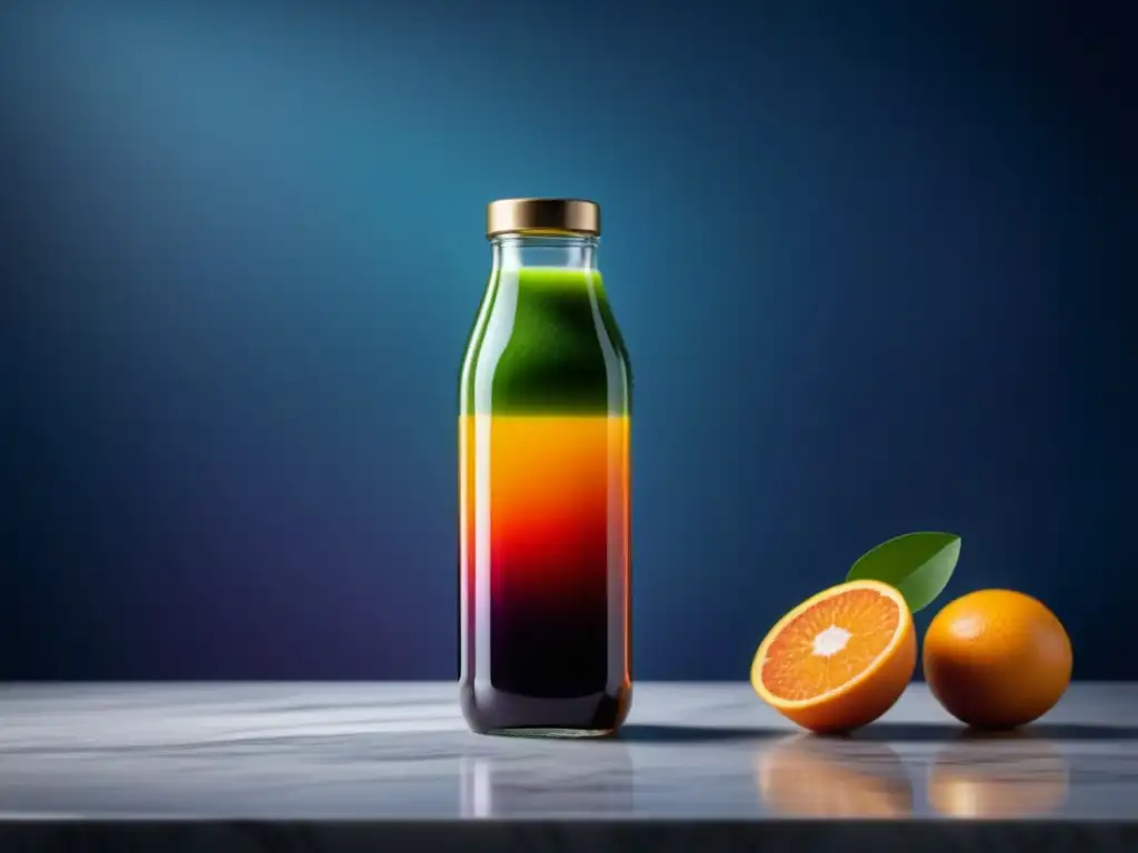 Jugo detox de colores vibrantes en botella elegante Un elegante frasco de vidrio lleno de vibrante jugo detox, en una encimera de mármol bajo suave iluminación natural