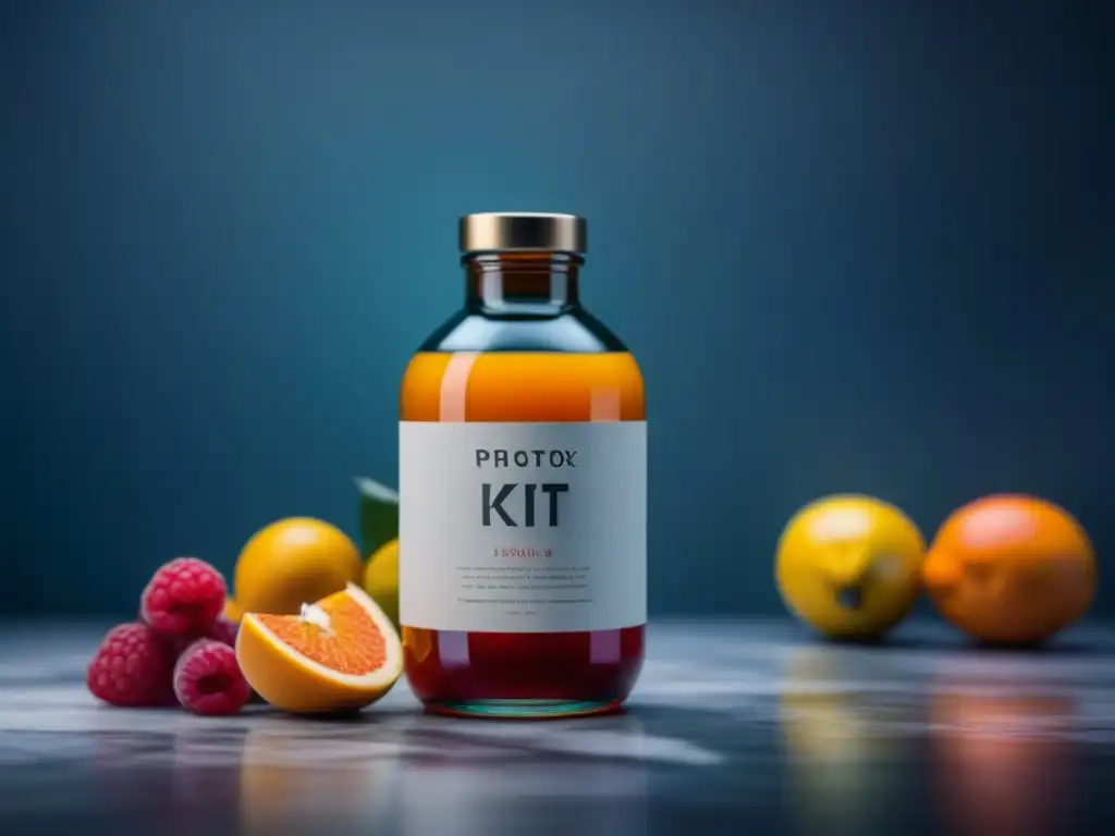 Kit detox de lujo: jugos coloridos y frutas orgánicas en mármol Un elegante Kit Detox de lujo en casa con jugos coloridos y frutas, presentado en una encimera de mármol, iluminado suavemente