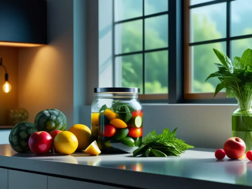 Detox de lujo: cocina minimalista con frutas frescas y kit elegante Un elegante kit detox lujo estilo vida en una cocina minimalista con frutas frescas y verduras, agua infusionada y luz natural