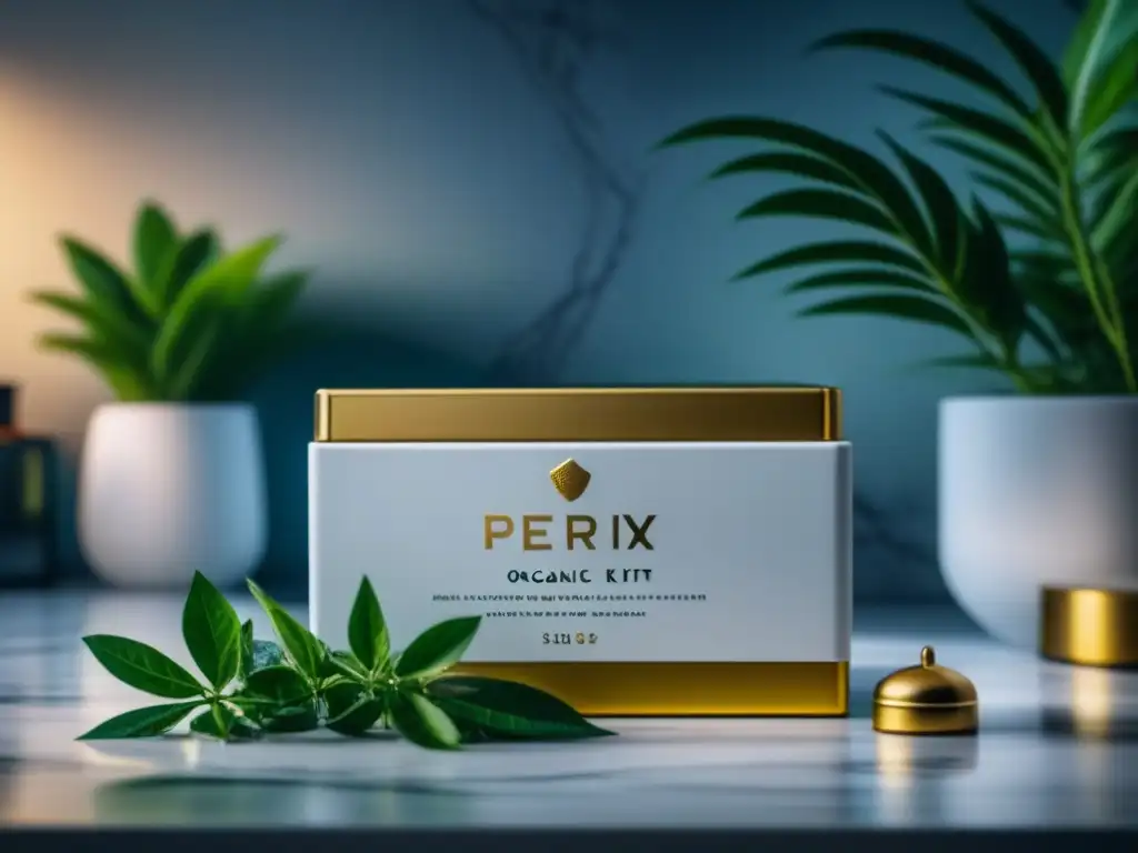 Un elegante kit de detox de lujo en un baño lujoso con toques dorados y verde, transmitiendo tranquilidad y sofisticación