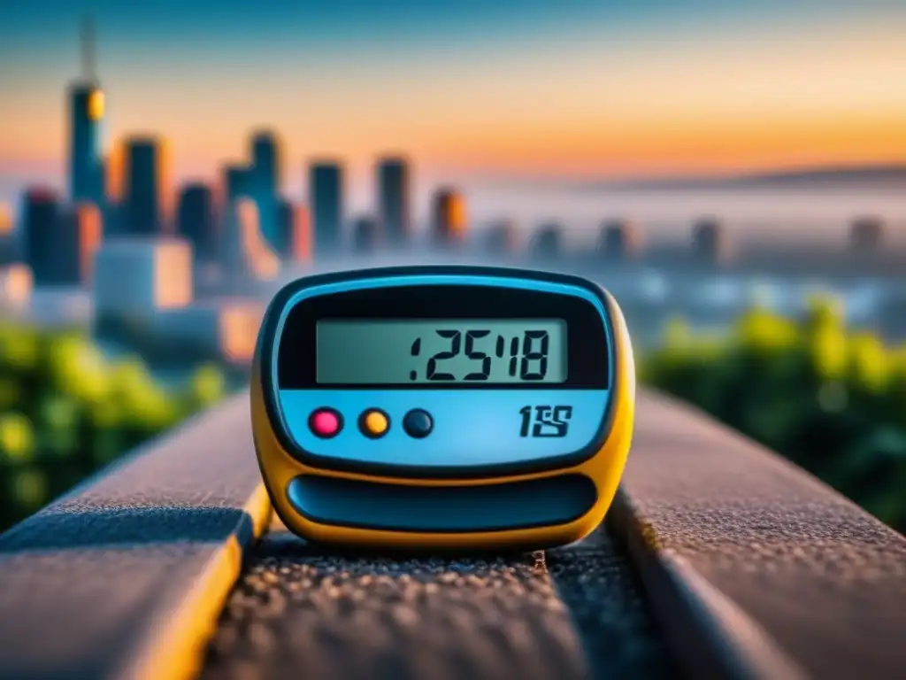 Pulsómetro moderno con alto conteo de pasos en ciudad al amanecer Un elegante podómetro moderno con alto conteo de pasos, sobre un fondo vibrante de ciudad al amanecer