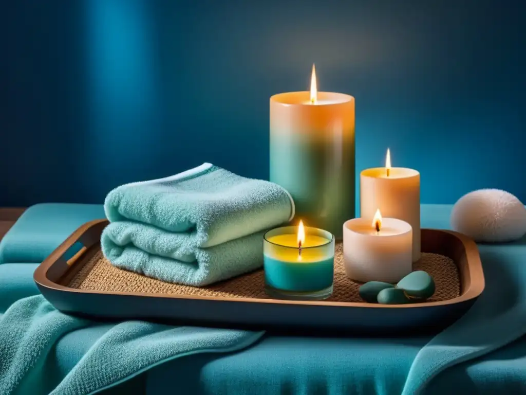 Spa de lujo: productos selectos para un momento de relajación Un elegante y relajante paquete de spa casero con sales de baño, velas aromáticas, esponja y toalla, en tonos suaves para un ambiente tranquilo