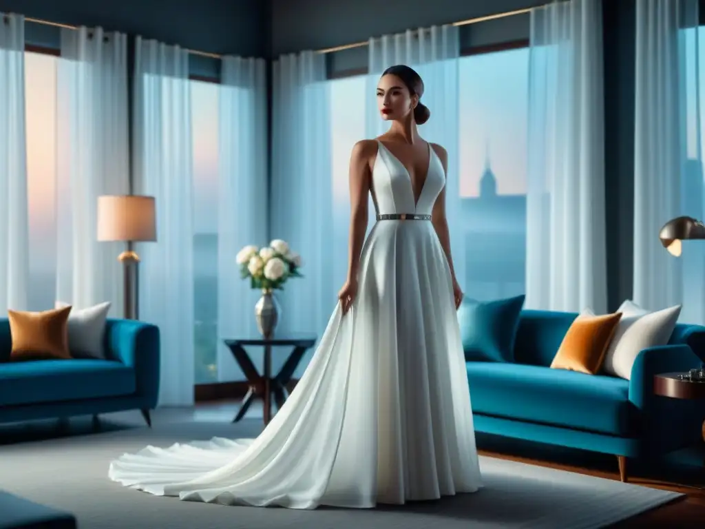 Salón sofisticado con cortinas blancas y ventanales Elegante sala con cortinas blancas ondeando suavemente en la brisa, creando un ambiente tranquilo y sofisticado