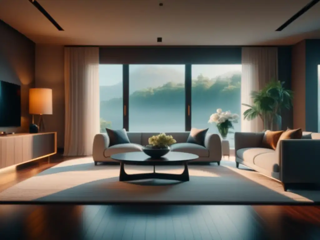Salón minimalista y sereno con difusor de aromas Un elegante salón minimalista con aroma a tranquilidad
