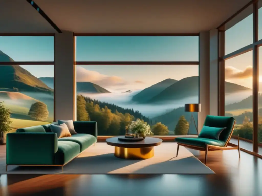 Salón minimalista de lujo con chaise lounge frente a paisaje sereno Un elegante salón minimalista con muebles de lujo para relajación, bañado en luz natural y vistas serenas