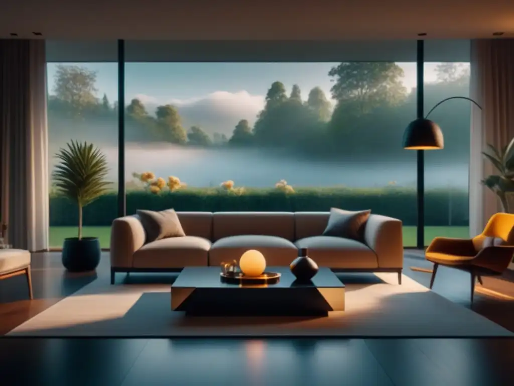 Diseño de interior lujoso y sereno con sala moderna y jardín Un elegante salón moderno con aroma a serenidad, integrando la aromaterapia en diseño de interiores
