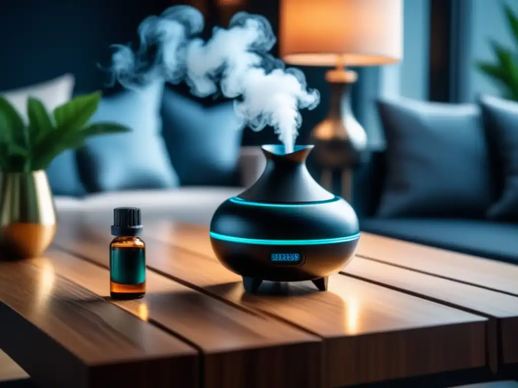 Un elegante salón moderno con el mejor difusor de aromas hogar en una mesa de café de madera, creando una atmósfera tranquila y sofisticada