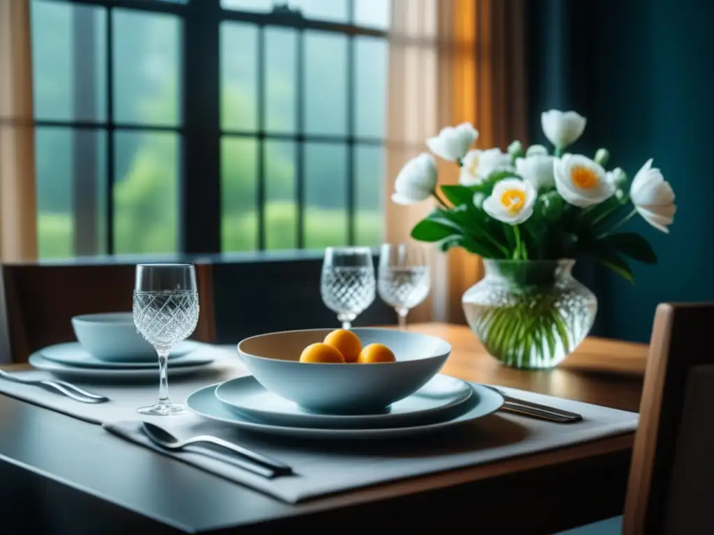 Mesas de comedor elegantes y relajantes con vajilla blanca y flores frescas Un elegante y sereno comedor hogareño listo para disfrutar de comidas relajantes para hogar