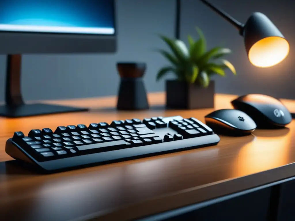 Teclado y ratón ergonómicos para una oficina moderna Un elegante set de teclado y ratón ergonómicos para relax en un escritorio moderno y organizado
