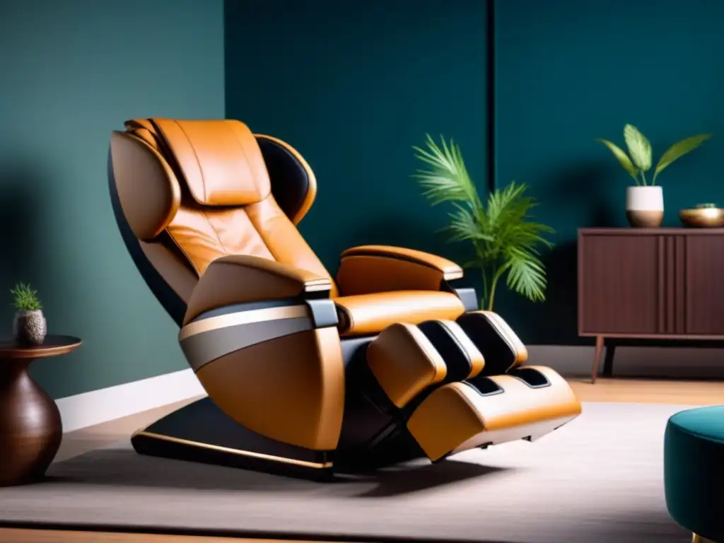 Elegante silla de masaje de alta gama en lujoso salón, con diseño sofisticado y ambiente relajante