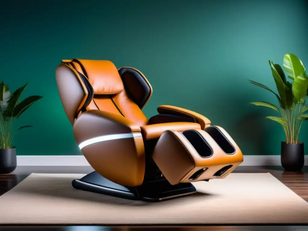 Silla de masaje premium en elegante cuero en sala moderna Un elegante sillón de masaje de alta gama en un moderno salón con iluminación suave y plantas verdes exuberantes