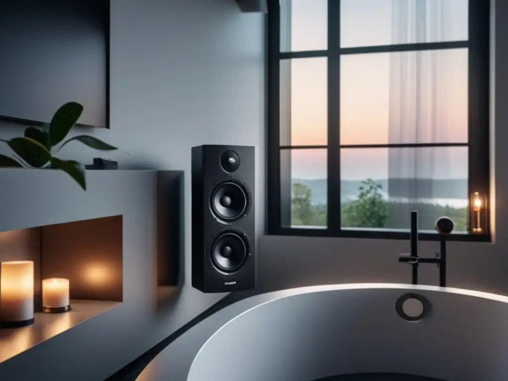 Altavoz de baño minimalista en acabado mate negro Un elegante sistema de sonido para baño montado en la pared, se integra perfectamente en la decoración moderna del baño blanco y gris