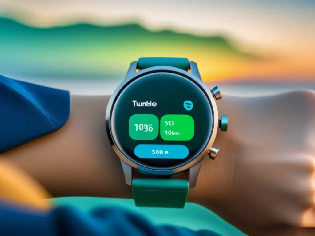 Reloj inteligente minimalista con monitoreo de sueño en tonos azul y verde Un elegante smartwatch muestra datos de monitoreo del sueño en tonos azul y verde, ideal para dispositivos monitoreo sueño insomnio