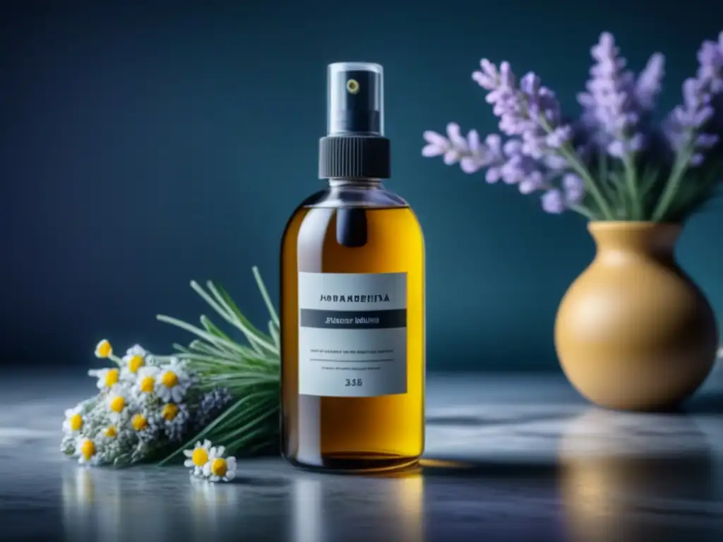 Spray Ambiental Relajante: Elegancia y Calma en un Frasco Un elegante spray ambiental relajante para hogar en tonos suaves, rodeado de lavanda y manzanilla, sobre un elegante mostrador de mármol