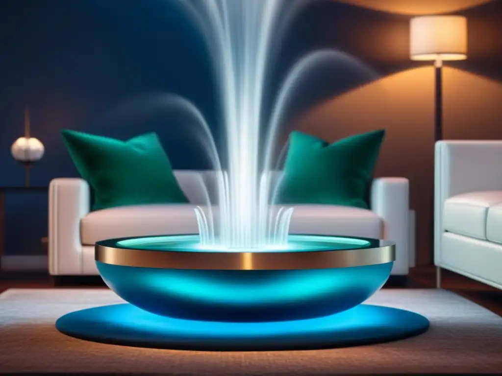 Salón moderno con fuente de agua acrílica iluminada Decoración con elementos acuáticos: Salón elegante con fuente de agua acrílica iluminada y mobiliario minimalista en blanco y tonos azules y verdes