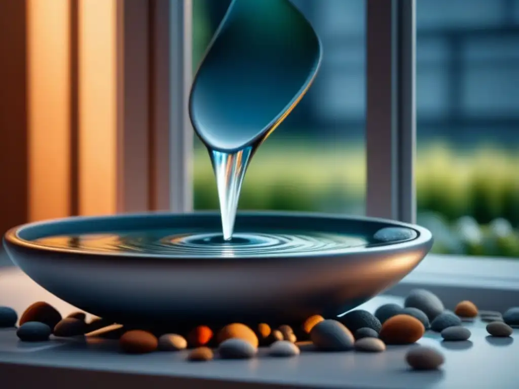 Fuente de agua interior: armonía y serenidad en diseño Decoración con elementos acuáticos: Fuente de agua interior minimalista sobre mesa de mármol blanco, rodeada de piedras