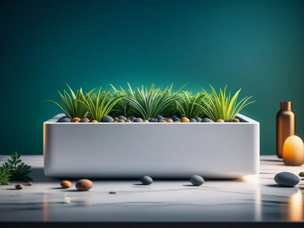 Fuente de agua minimalista para un oasis de serenidad Decoración con elementos acuáticos: Fuente de agua interior en mármol blanco rodeada de vegetación y piedras, creando un ambiente sereno y tranquilo