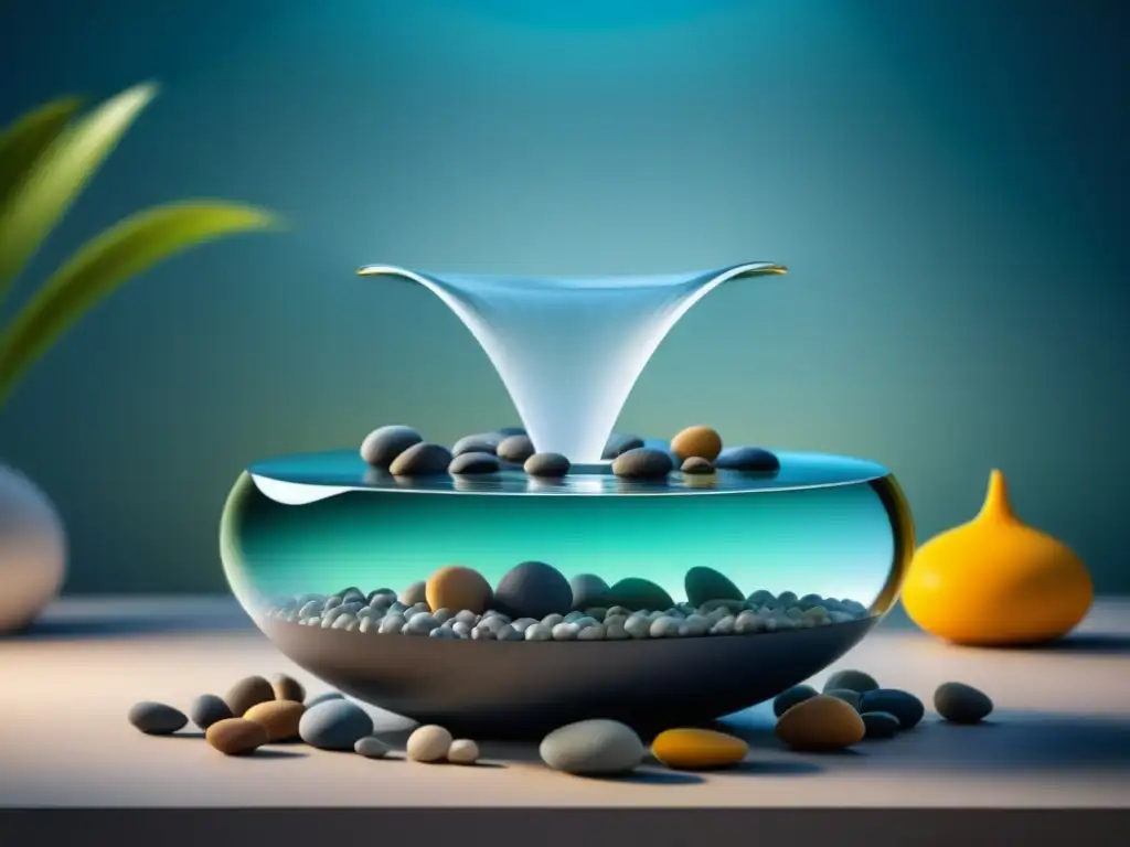 Fuente de agua interior minimalista: serenidad zen en el hogar Decoración zen con elementos acuáticos: fuente interior de agua en base de pizarra con iluminación suave y cascada sobre guijarros