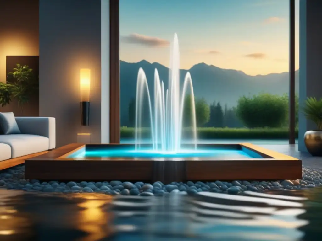 Salón moderno con fuente de agua tranquila en 8k Decoración con elementos acuáticos: Salón moderno con fuente de agua interior como punto focal, elegante y sereno