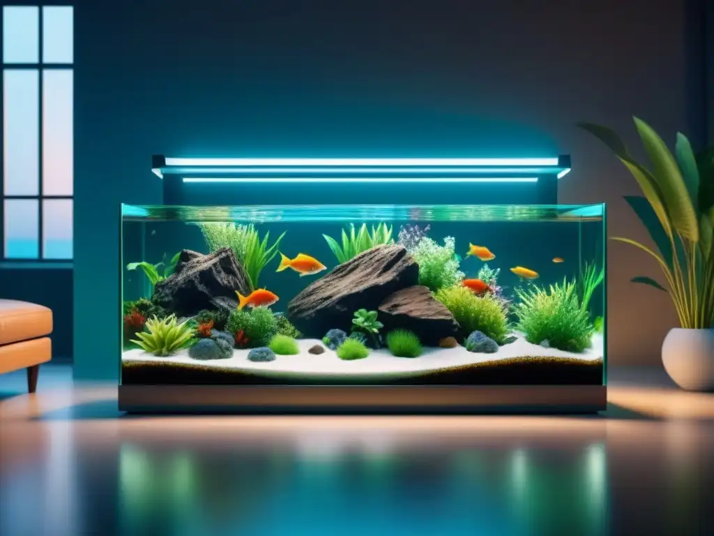 Acuario sereno: armonía y tranquilidad en la decoración del hogar Decoración con elementos acuáticos: Sala minimalista con acuario grande lleno de peces coloridos y plantas acuáticas exuberantes