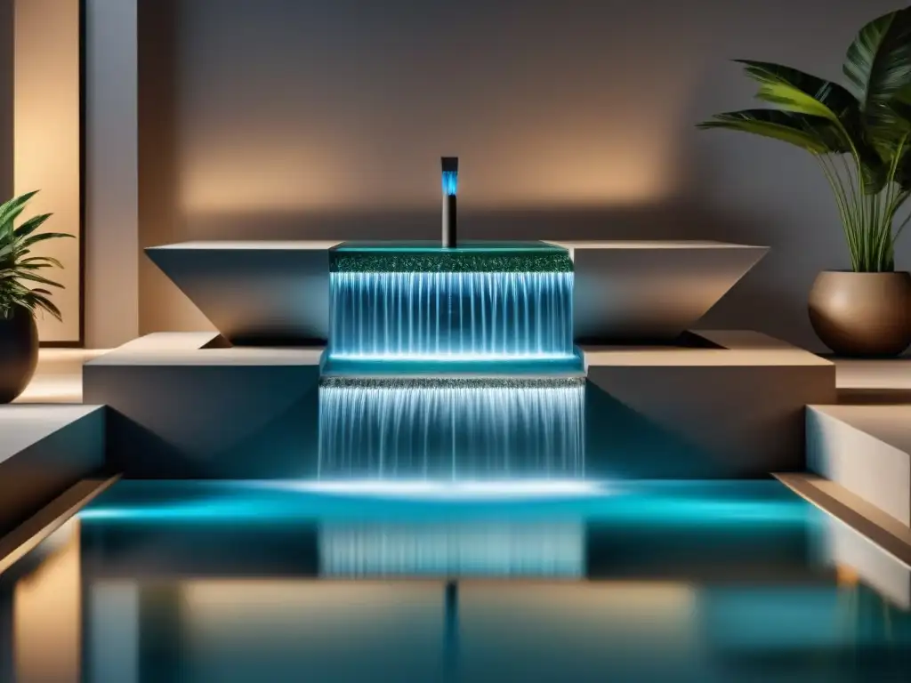 Salón moderno con fuente de agua interior de mármol Decoración con elementos acuáticos: Sala moderna con fuente de agua interior de mármol, iluminación suave y ambiente sereno