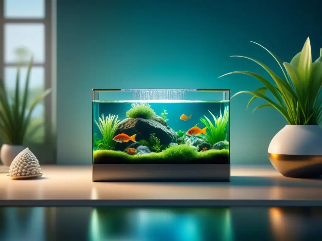 Salón sereno con acuario cristalino y peces coloridos Decoración con elementos acuáticos: Sala serena con acuario cristalino, peces coloridos y decoración minimalista en tonos neutros