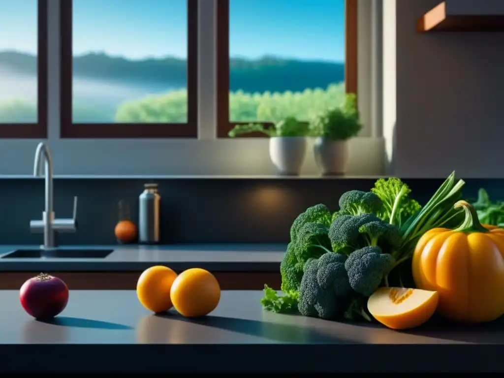 Cocina serena y diet-friendly con ingredientes frescos Una encantadora cocina con ingredientes frescos, colores vibrantes y luz natural, ideal para menús relajantes para dietas especiales