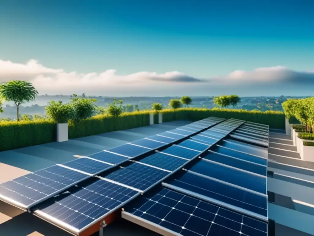 Serenidad solar en un moderno tejado urbano Energía limpia para hogares relajados: Paneles solares en un moderno tejado urbano, bajo un cielo azul y soleado