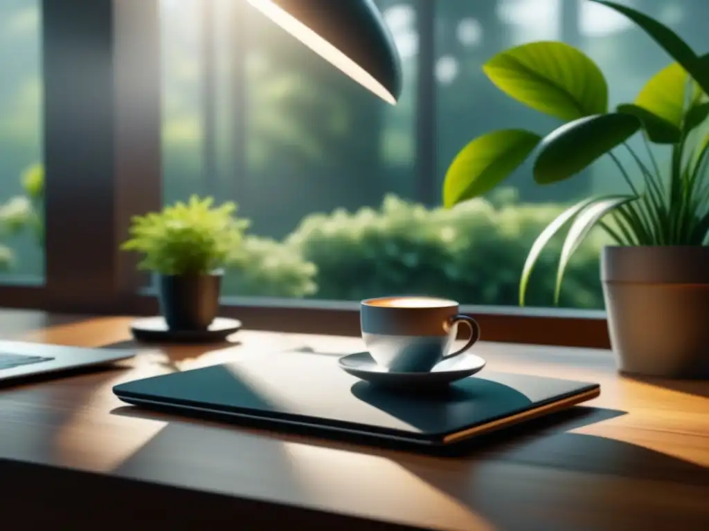 Oficina minimalista y serena: mindfulness en el trabajo Un entorno de oficina sereno y minimalista con luz natural, plantas y una taza de té