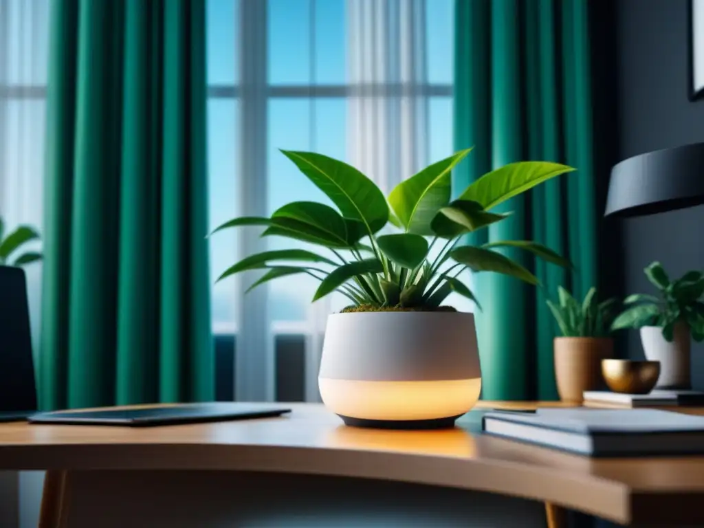 Oficina serena: planta verde en maceta blanca Un entorno sereno de oficina con una planta verde exuberante en maceta blanca, accesorios de escritorio modernos y luz natural suave