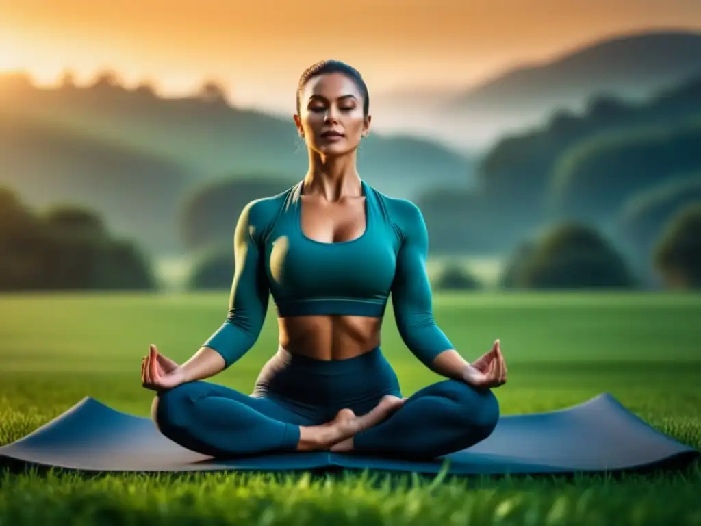 Equipo deportivo practicando yoga al amanecer en campo verde, mostrando fuerza y flexibilidad