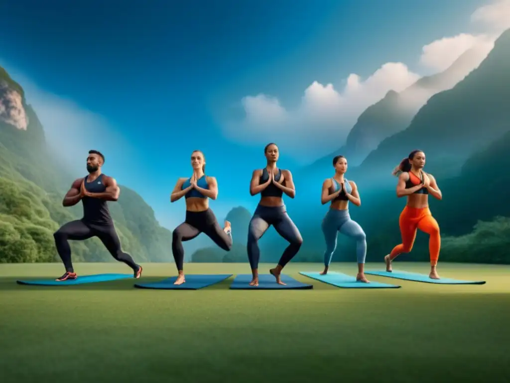 Un equipo diverso de atletas practica yoga en un campo soleado, mostrando los beneficios del yoga en deporte con concentración y fuerza