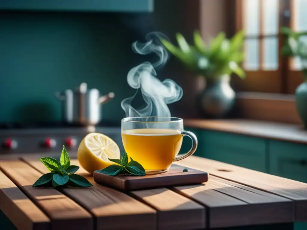 Una escena acogedora de cocina con infusiones de jengibre relajantes en casa