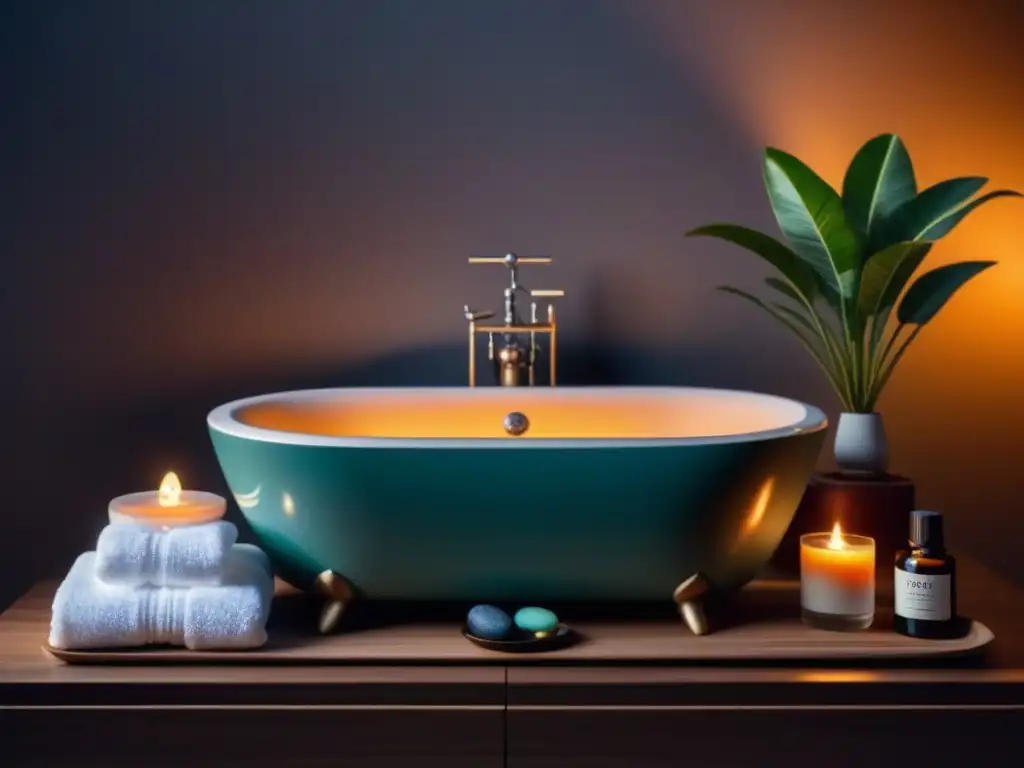 Exclusivo spa en casa: baño moderno con bañera relajante y detalles de lujo Escena de baño sereno con bañera moderna, toallas blancas, productos de spa, vela aromática y planta