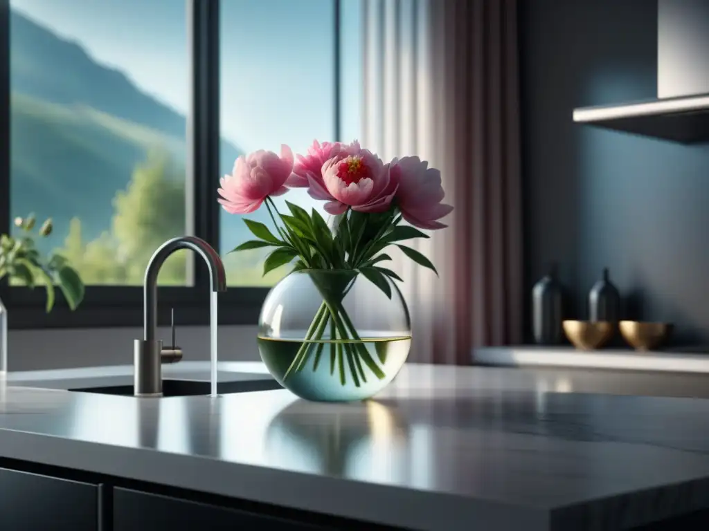 Cocina minimalista con peonía rosa en encimera de mármol blanco Escena de cocina serena con una peonía rosa en un jarrón en una encimera de mármol blanco, transmitiendo mindfulness en tareas domésticas