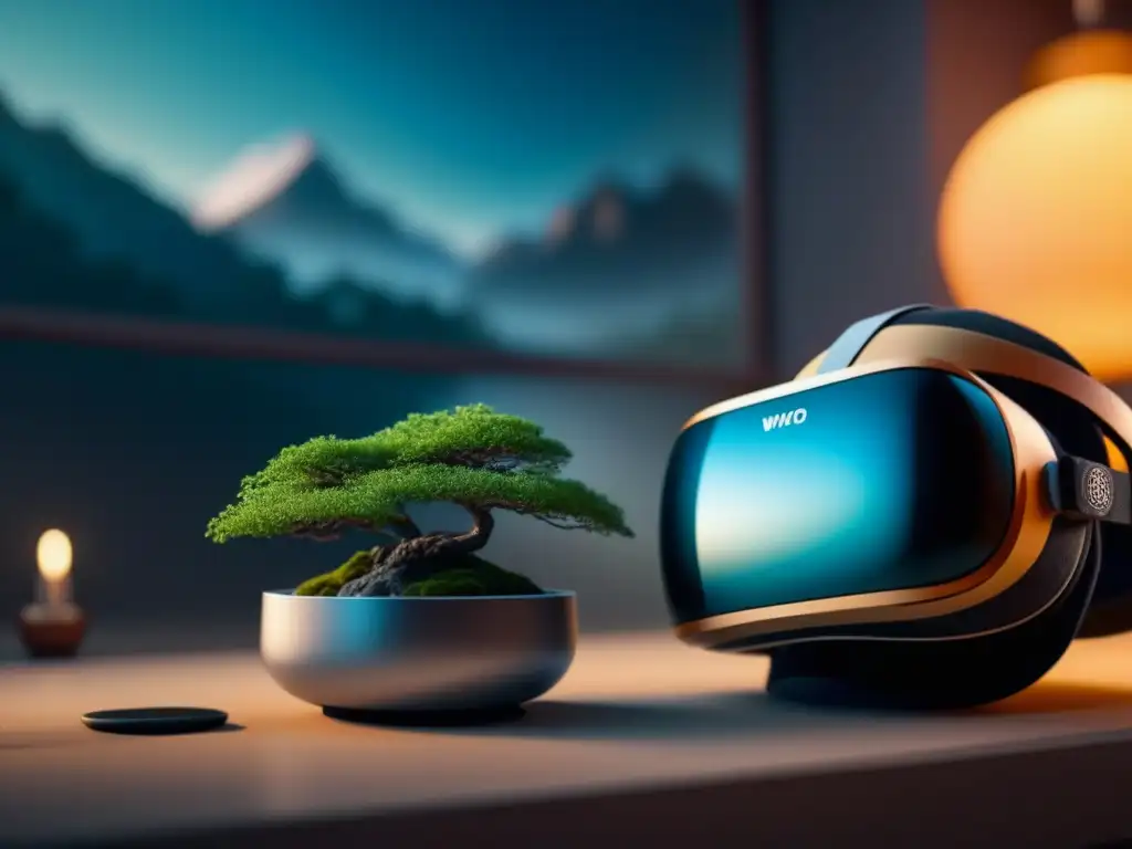 Entorno de meditación en realidad virtual: serenidad y relax digital Escena de meditación en VR con colores suaves y headset en soporte moderno