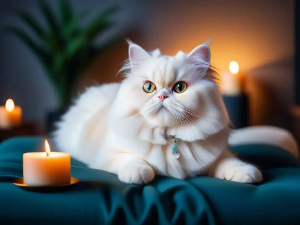 Tranquilidad felina: Aromaterapia para gatos en casa Escena hogareña con gato persa blanco en cojín, rodeado de velas y verde