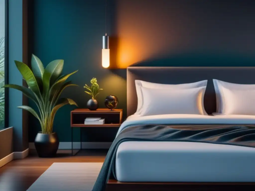 Suite moderna con cama inteligente y lujosa Escena minimalista con Smart Beds para combatir insomnio, ambiente elegante y relajante