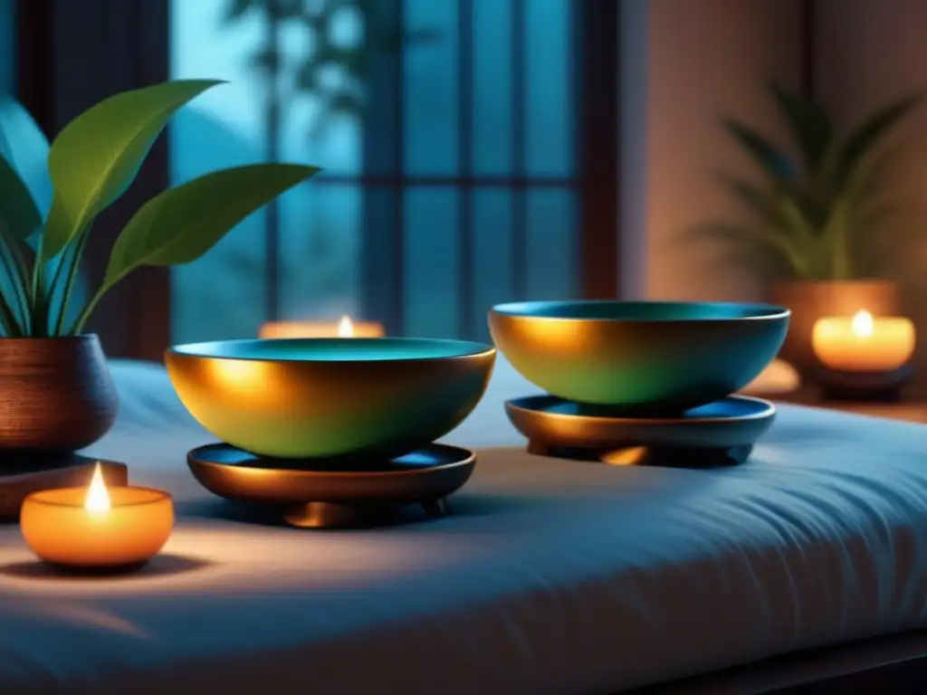 Escena nocturna de un dormitorio sereno con cuencos tibetanos, ideal para meditación con cuencos tibetanos insomnio