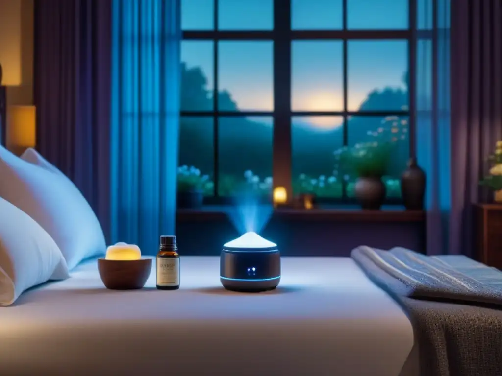 Escena nocturna relajante en dormitorio con consejos rutina nocturna sueño reparador