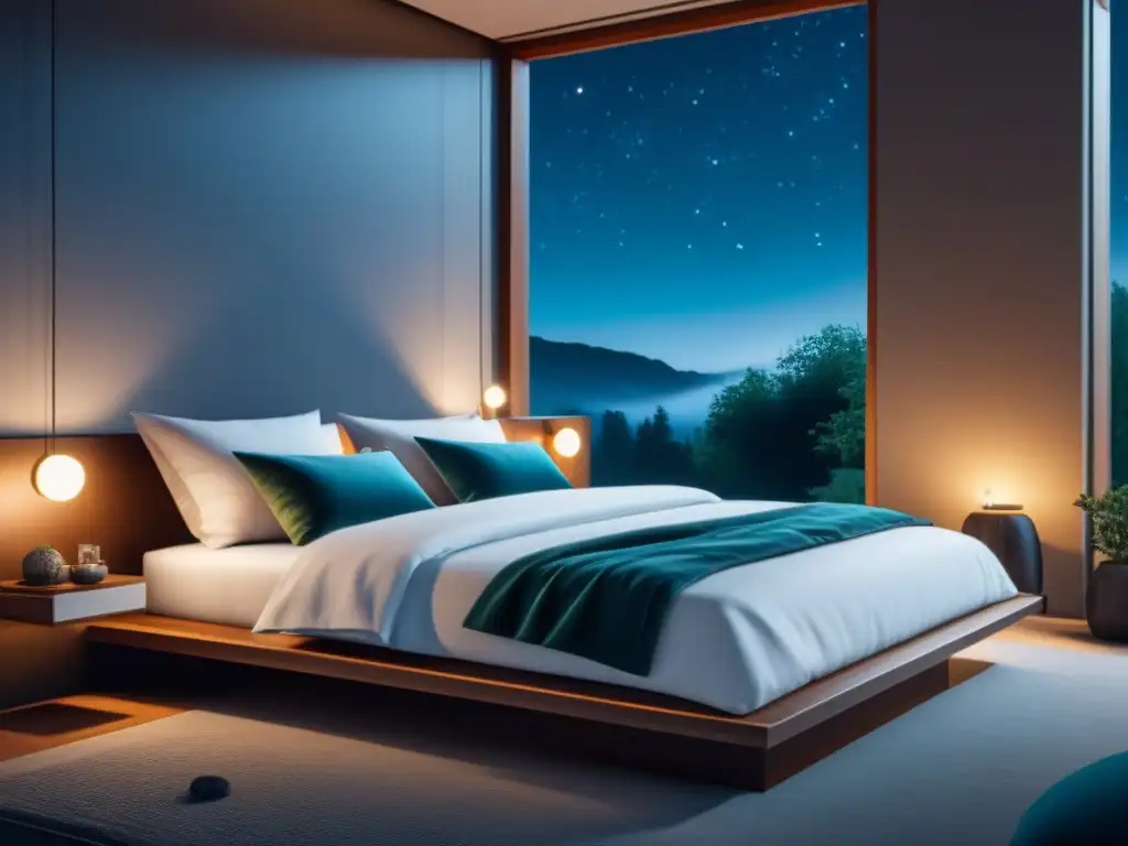 Escena nocturna serena en dormitorio minimalista con suplementos para el sueño de calidad